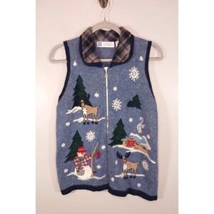 Vintage Christmas Ugly Christmas Reindeer Snowman Winter Zip Vest Size M